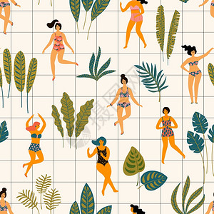 与泳衣和热带棕榈叶中的舞女无缝模式夏季派对概念的设计元素及其他用途图片
