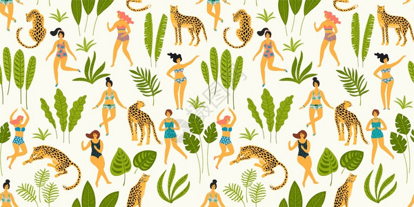 帕拉迪斯与泳衣和豹子中的舞女无缝矢量模式夏季派对概念的设计元素及其他用途与泳衣和豹子中的舞女无缝模式插画