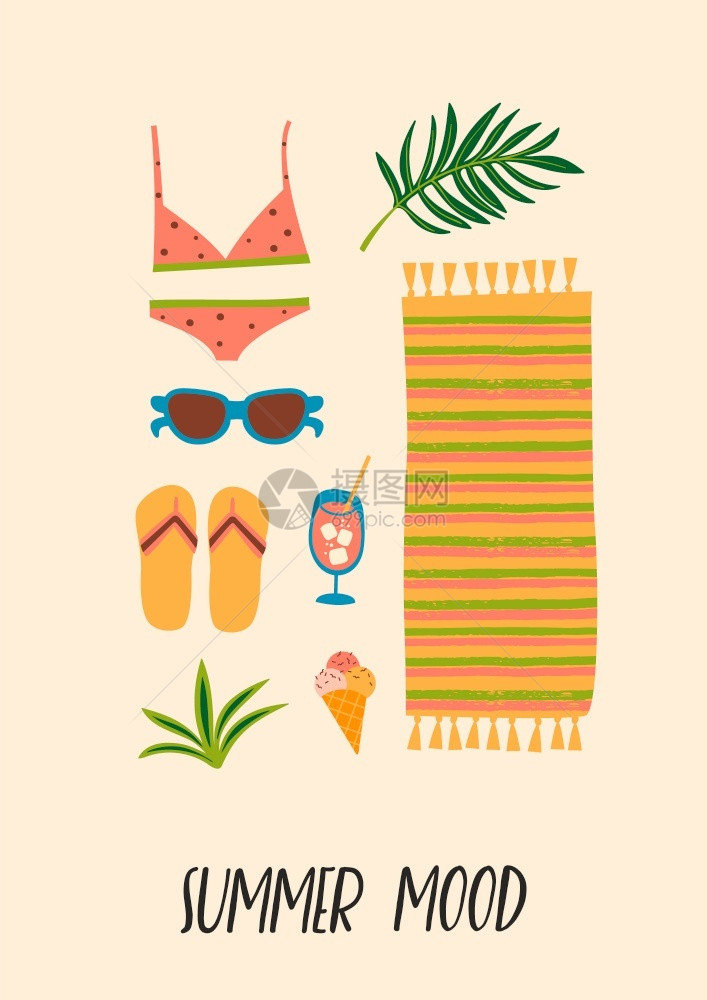 夏季海滩附件的矢量说明夏季概念和其他用途的设计要素图片