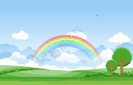 彩虹和树素材美丽的彩虹天空绿色草地自然景观图插画