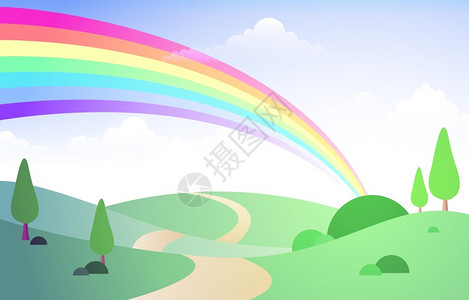 彩虹和树素材美丽的彩虹天空绿色草地山自然景观图插画
