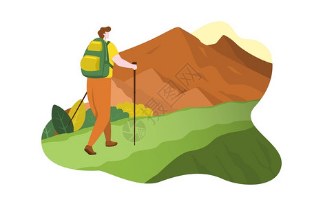 尼泊尔登山路背着背包登山的男孩插画