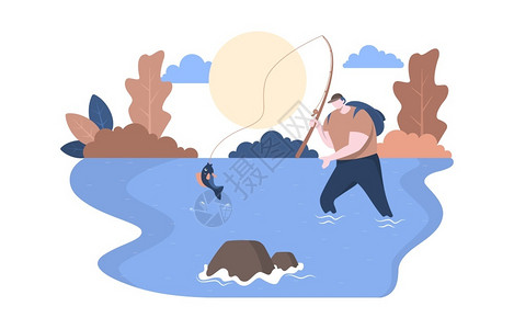 男子在河里钓鱼矢量插画图片