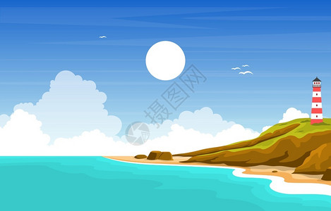 海边碓石美丽的大海海滩全景图插画