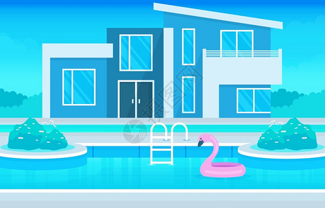 火烈鸟游泳现代别墅外部后院游泳池插图插画