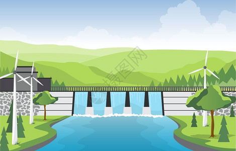 地产湖居现代建筑拦河坝插画