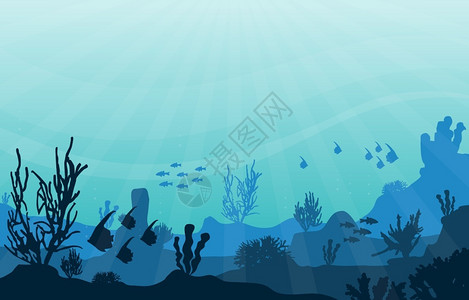 深海风光珊瑚海草鱼群剪影背景图片