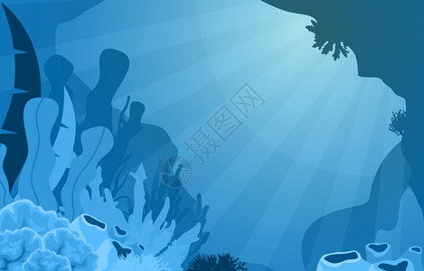蓝色水下珊瑚海草海葵珊瑚礁海底风光插画