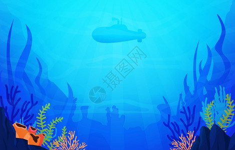 潜艇402潜水探索珊瑚海草珊瑚礁海底风光插画