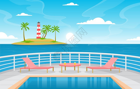 灯塔与游轮游轮甲板的海景游泳池插画