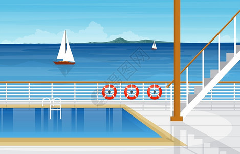 船栏杆游轮甲板的海景游泳池插画