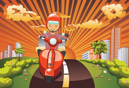 在小镇背景中骑摩托车的男子卡通矢量插画图片