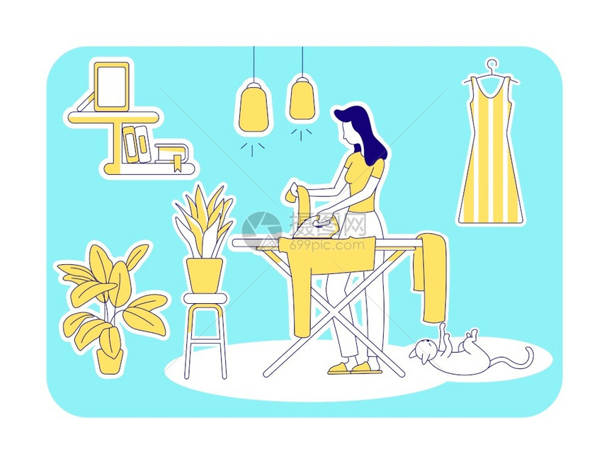 妇女熨衣服在家洗绿宝石背景的女特征家庭杂务简单风格绘画家用平板纸图示家用平板纸图示家用平板纸图示图片