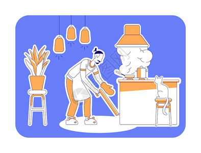 家用平板双光带矢量插图家用烹饪厨房室内家务和蓝背景的厨师大纲烹饪简单风格绘画家用双光带矢量插图家用双光带烹饪家用双光带插图背景图片