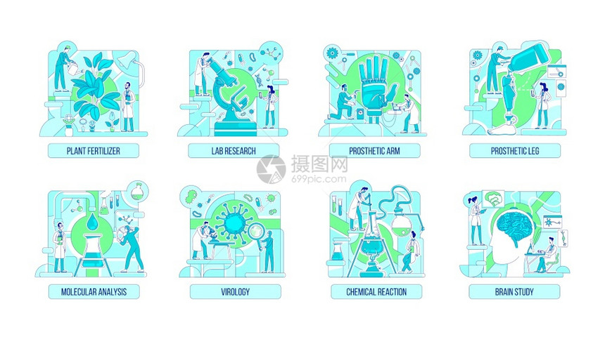 科学家2个卡通字符用于网络设计生物学化假肢神经科学和植物创造思想实验室薄线概念矢量图集图片