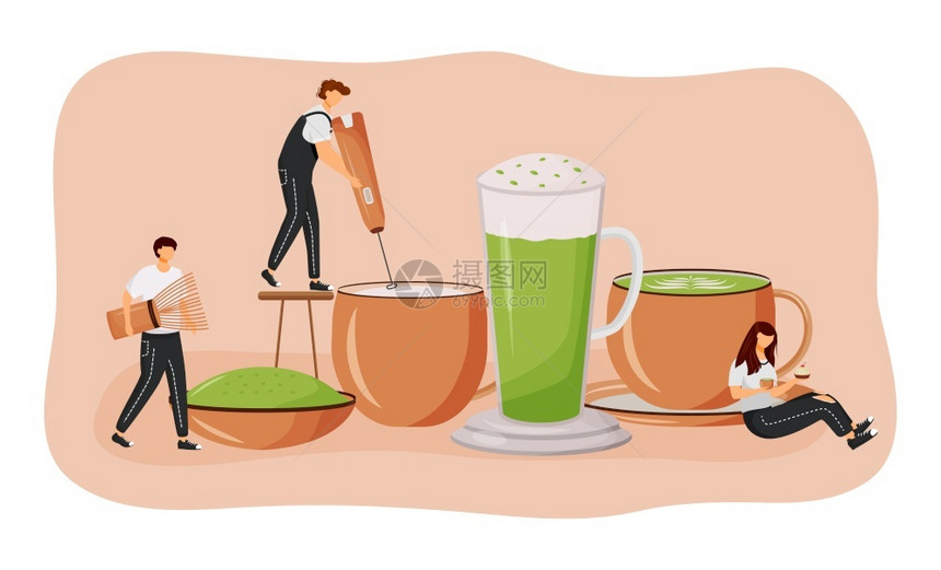 绿色茶粉热饮男子日本营养饮料网络设计的2D卡通人物咖啡店创意思想图片