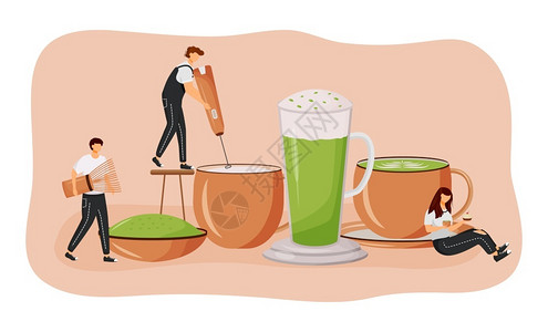 粉象啤酒绿色茶粉热饮男子日本营养饮料网络设计的2D卡通人物咖啡店创意思想插画