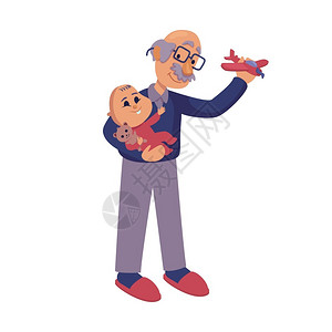 婴儿玩具飞机祖父在玩婴儿公寓卡通矢量插图爷和孙子一起准备使用2D字符模板用于商业动画印刷设计孤立的漫画英雄插画
