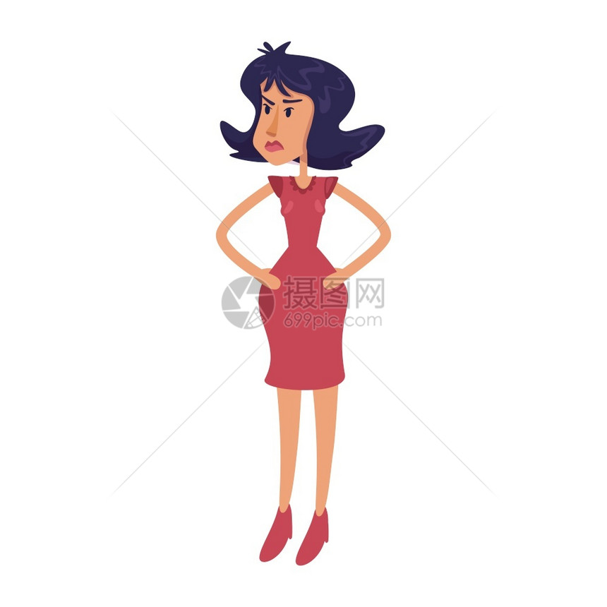 愤怒的女子平板卡通矢量插图穿着红裙子的优雅黑发女士感到沮丧准备使用2D字符模板进行广告动画打印孤立的漫画英雄图片
