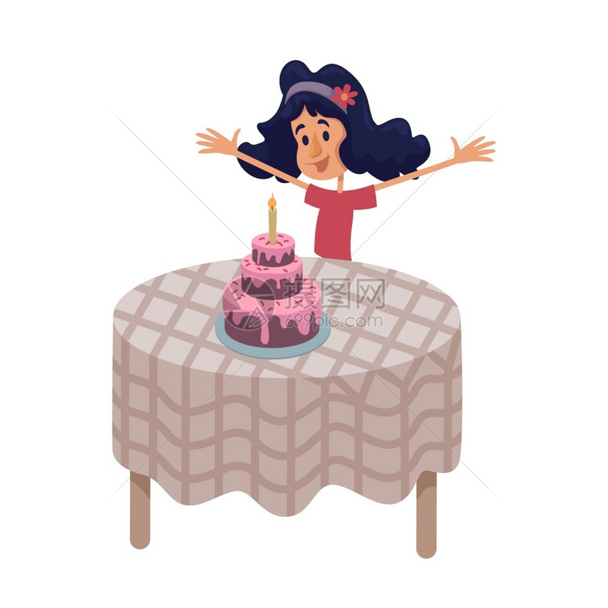 女孩在餐桌上配有生日蛋糕平面卡通矢量插图幼童庆祝节日准备使用2D字符模板用于商业动画打印孤立的漫画英雄图片