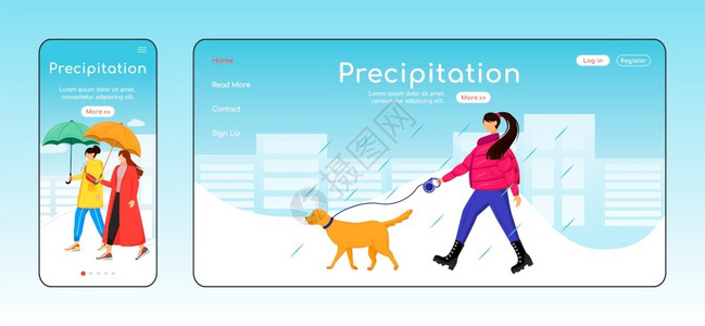 降水量平面彩色矢模板移动显示女士步行狗主页布局雨天一网站界面漫画字符湿天气网络横幅页插画