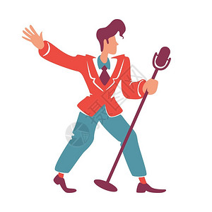 装扮着麦克风平板彩色矢量不露面的格蓝爵士歌手穿着红衣40年代发型的老式男子复古俱乐部表演者独奏音乐家孤立的漫画插图背景图片