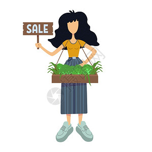 妇女销售有机蔬菜杂货产品准备使用2D字符模板进行商业动画印刷设计图片