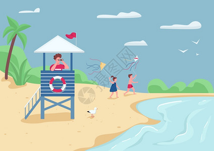 在海边放风筝的儿童和时刻注意安全的救生员插画