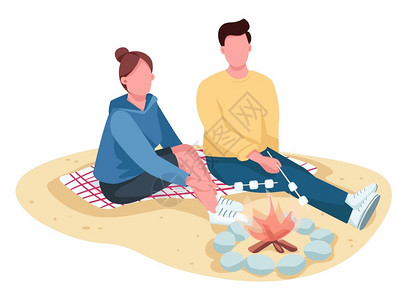买棉花糖人在海滩边烧烤的一对情侣插画