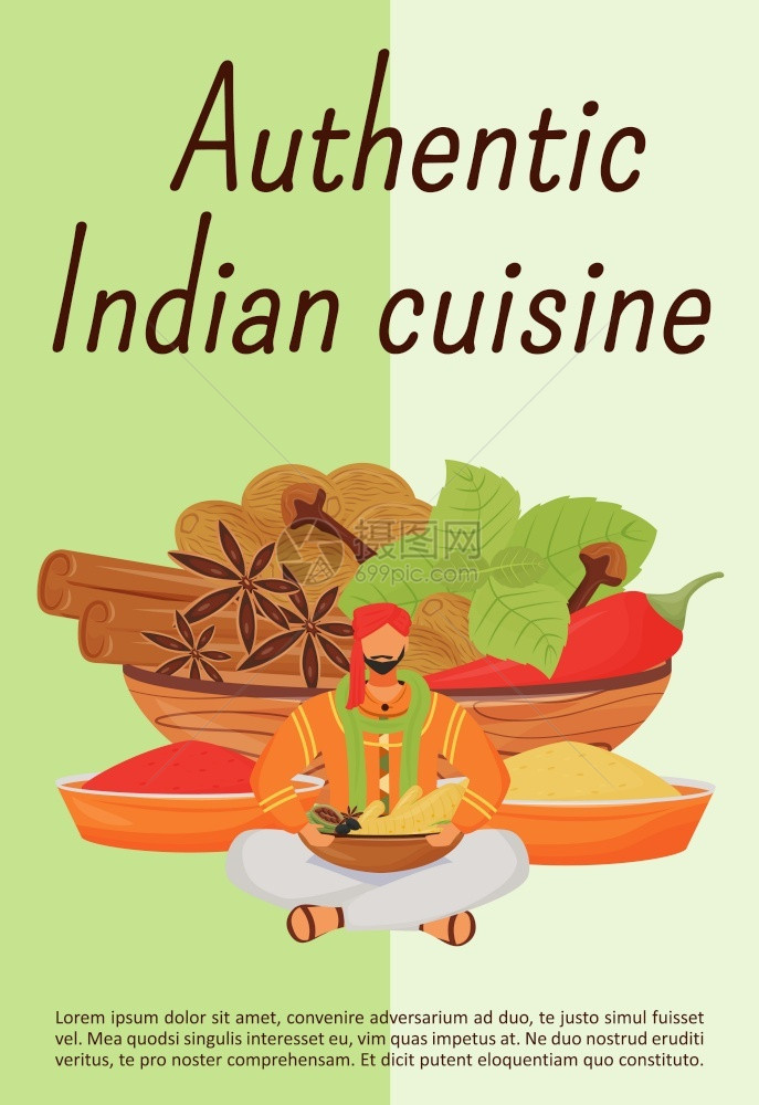 传统的hindu香料小册子一页概念设计带有卡通字符东方餐食成分传单真正的印度烹饪海报平面矢量模板香料小册子传单图片