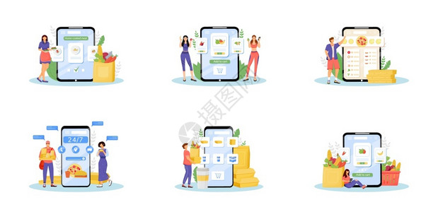 在线食物订购固定概念矢量插图互联网鳄鱼家用厨房食送货服务比喻产品买家快餐递员和烹饪2个卡通人物背景图片
