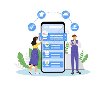 餐饮价格咖啡馆客户和服务员2D卡通人物用于网络设计插画