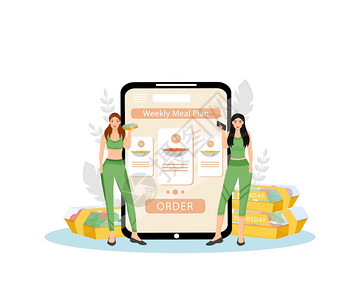 女营养学家2个卡通人物用于网络设计健康营养规划和饮食品交付服务图片