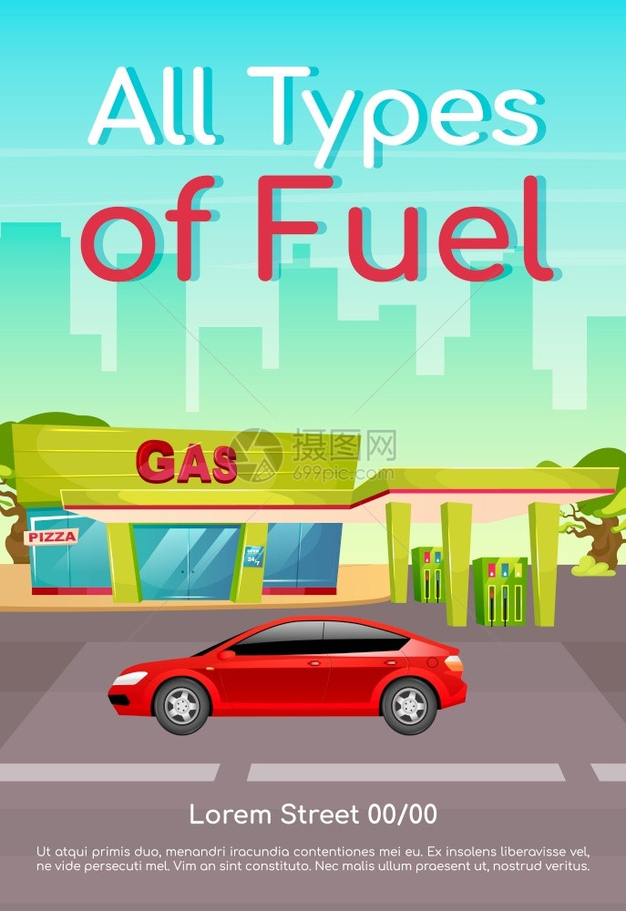 汽车装填各种柴油燃料海报平板矢量图图片
