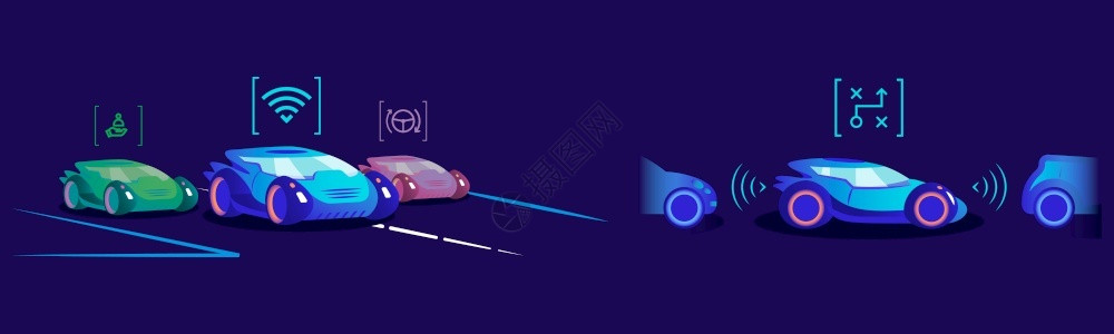 自动停车蓝色背景司机协助功能的车辆图插画