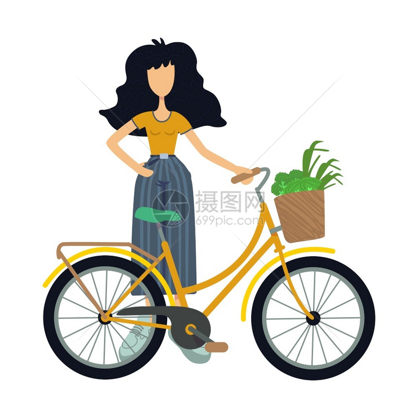零废物平面卡通矢量说明站立于临时穿戴生态运输骑自行车的妇女准备使用2D字符模板用于商业动画打印设计孤立的漫画英雄图片