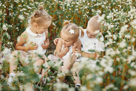 快乐的孩子们在开花场玩乐快的童年图片