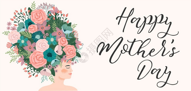 美丽女人节字体快乐的母亲日用妇女和鲜花绘制矢量图卡片海报横幅和其他用途的设计要素用妇女和鲜花绘制矢量图插画