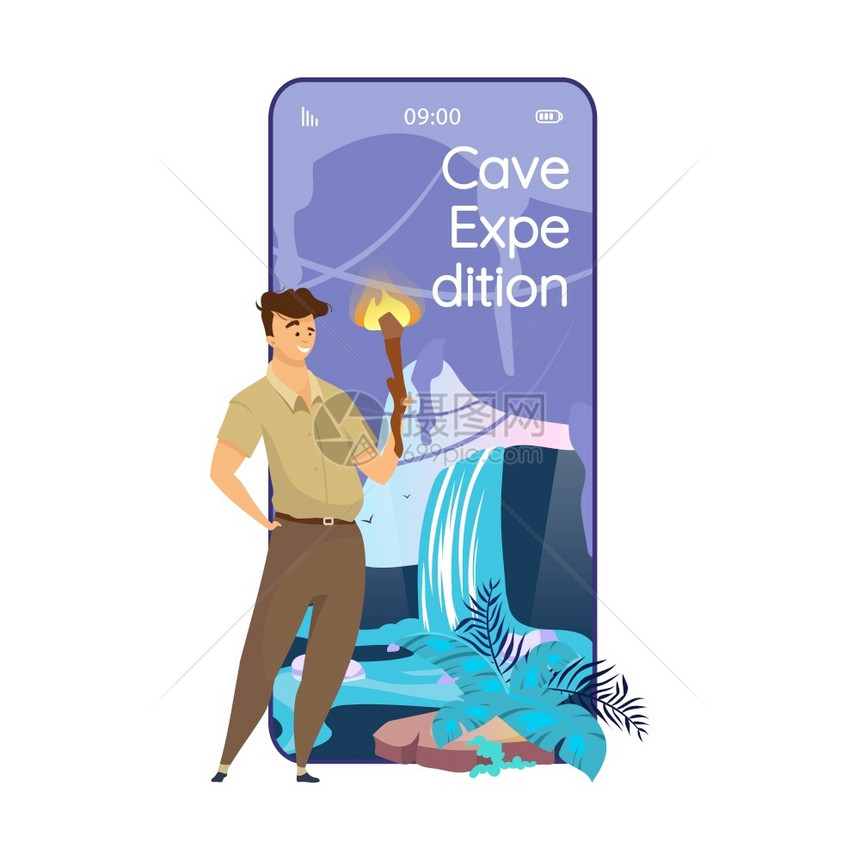 探险洞穴动画卡通智能手机矢量应用屏幕旅行到山里手机显示器带有平板字符设计模型洞穴探索应用程序电话可爱界面图片
