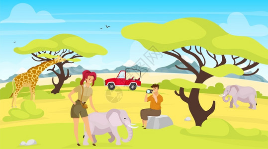 大象和人非洲热带草原景观长颈鹿和大象矢量图插画