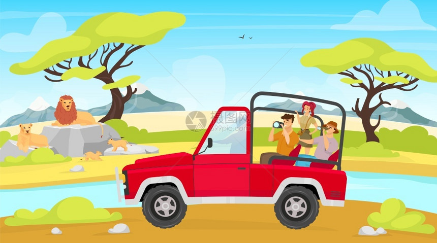 草原旅游群体在汽车上拍摄狮子家庭漫画图片