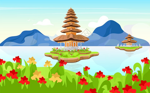 印尼巴厘岛风景东南亚传统建筑水神庙插画