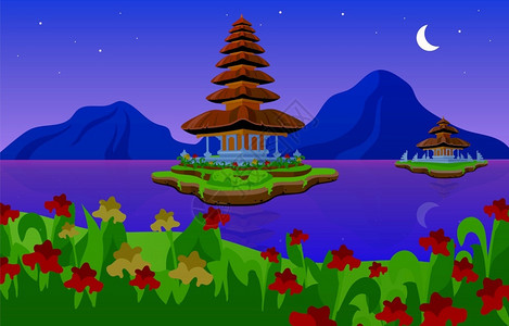 印尼巴厘岛风景东南亚传统建筑水神庙插画