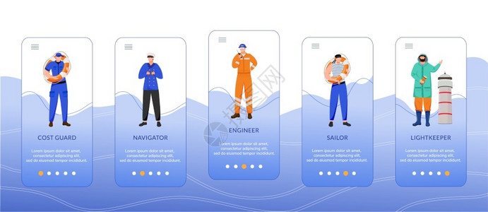 海岸警卫队工程师和导航员带平板字符走过网站步骤uxig智能手机卡通界面概念装上移动应用程序屏幕矢量模板的海上职业插画