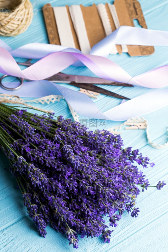 造一束花紫衣丝带蓝色背景的剪刀图片