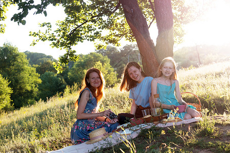 夏季家庭在森林的草地野餐图片