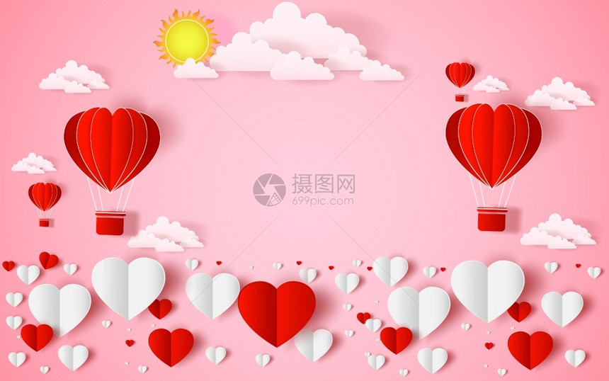 热空气心球阳光和乡下粉红天空如爱情人节快乐婚礼和纸面艺术概念图片
