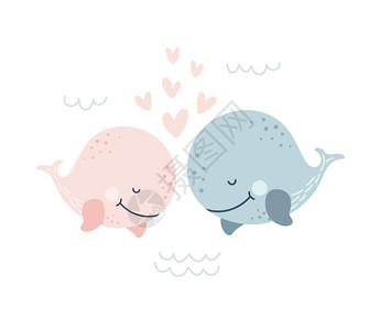 爱的海洋两条鲸鱼的浪漫贺卡插画