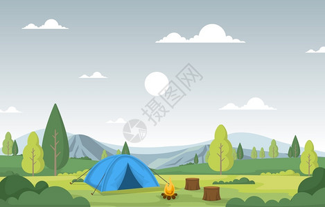 湖居生活露营探险户外公园山地自然景观漫画插图插画