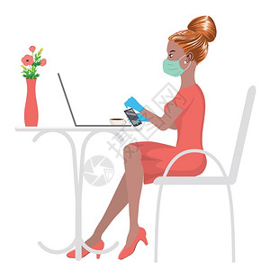 戴面罩的女自由职业者学生或商人坐在椅子上咖啡馆或家用笔记本电脑工作图片